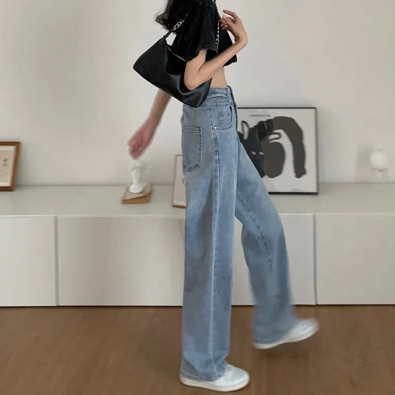 Jeans longgar pinggang tinggi wanita Korea dengan warna biru muda