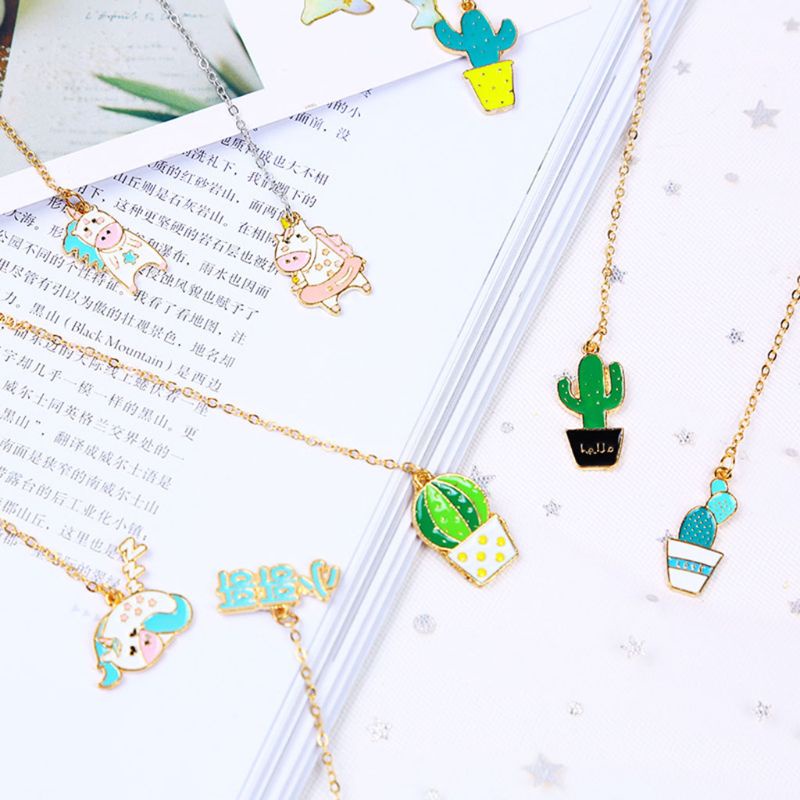 Mary Penjepit Kertas Bookmark Dengan Rantai Liontin Kaktus Penanda Halaman Bahan Metal Untuk Perlengkapan Hadiah Kelas Siswa Guru