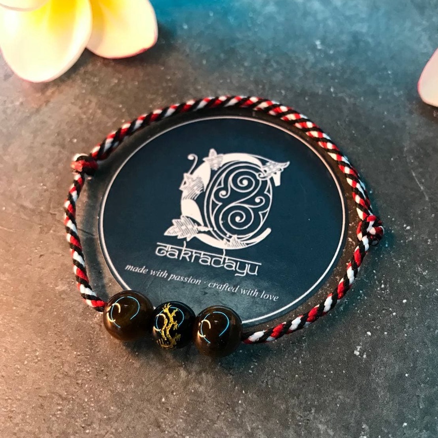 Gelang Tridatu Batu Ukir Naga Emas Onyx Hitam dengan Tiger Eye asli khas Bali