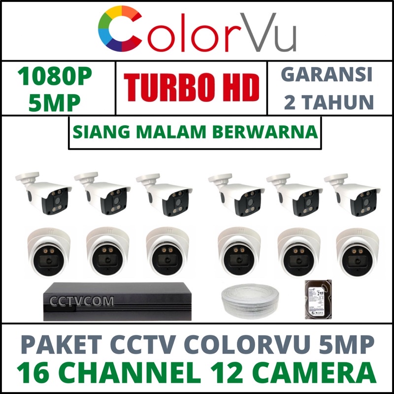 PAKET CCTV COLORVU SIANG MALAM BERWARNA 16 CHANNEL 12 CAMERA 5MP IC SONY 1080P KOMPLIT TINGGALPASANG