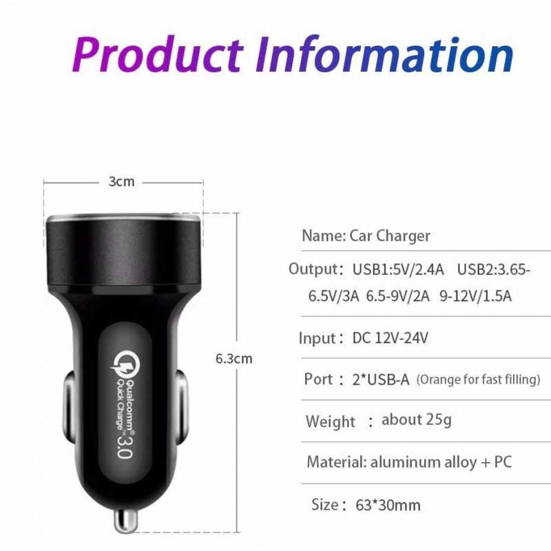 Charger USB Mobil Fast Charging Dual Port QC3.0 2.4A LCD Display