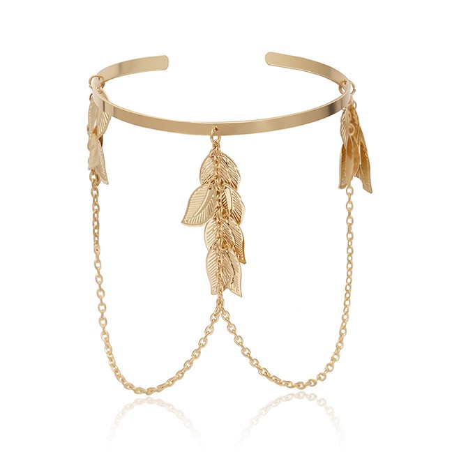 LRC Gelang Fashion Gold Geometric Leaves Tassel Chain Open Arm F7257X