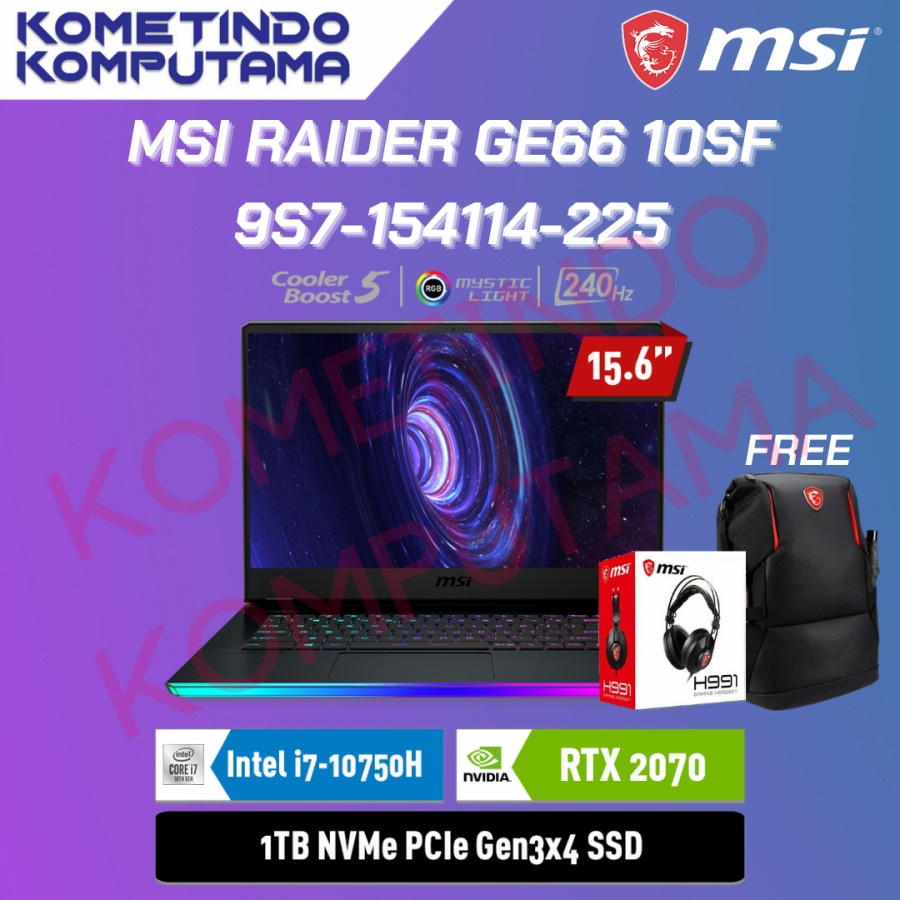 LAPTOP GAMING MSI GE66 RAIDER 10SF [9S7-154114-225] Ci7-10750H / 32GB / 1TB / RTX2070 8GB / NOTEBOOK GAMING / GARANSI RESMI / 100% ORIGINAL