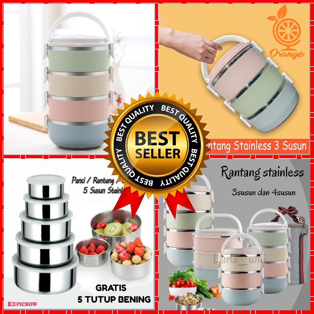rumah_kita2020Rantang Stainless 5 Susun Utk Toples Kue DLL GRATIS 5 Tutup Bening Rantang Stainless LUNCH BOWL GOOD QUALITY / FRESH BOX COD MURAH Rantang Stainless Tahan Panas Kedap Udara Makanan Awet Protect Fresh Box Kotak Makan Rantang Susun Kotak Makan