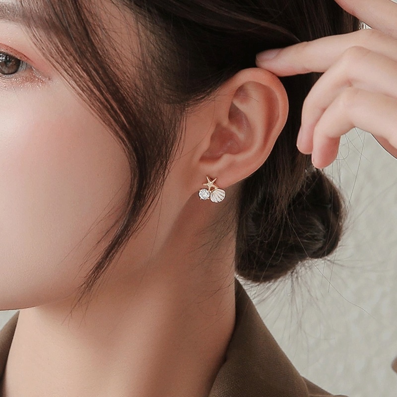 Anting Stud Zircon Mutiara Berlian Imitasi Bentuk Bintang Laut Kerang Gaya Bohemian Korea Untuk Wanita