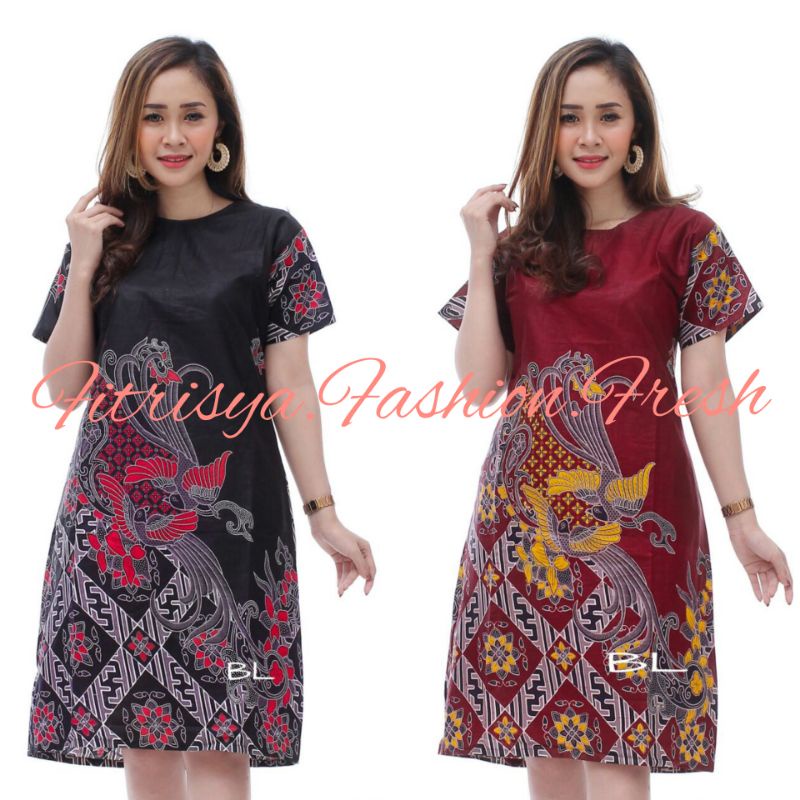 TUNIK DRESS BATIK WANITA JUMBO XXXXL / 4L LENGAN PENDEK MOTIF KENARI MERAH DAN HITAM KOMBINASI