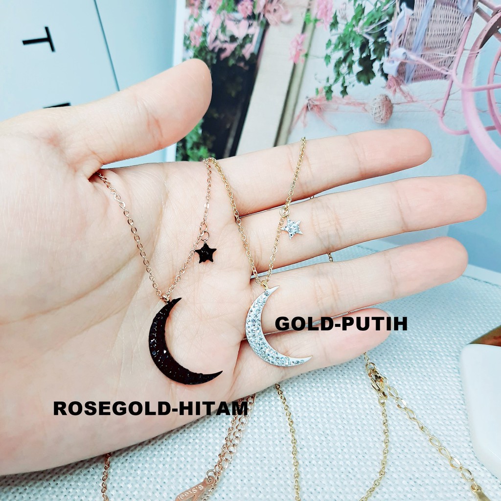 Kalung Titanium Fashion Korea Moon Stone Black White Rose Gold - BN352