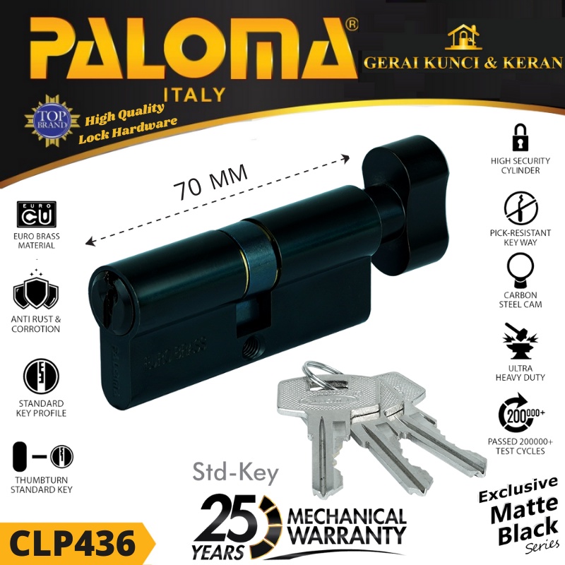 KUNCI KNOB Cylinder PALOMA CLP 436 DELUXE 70MM STD HITAM MATT BLACK