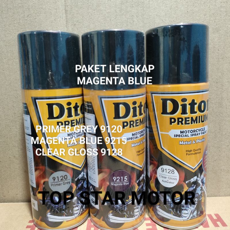 Pilok Paket Lengkap Cat Diton Premium Primer Grey 9120 Magenta Blue 9215 Clear Gloss 9128 400cc.. Pilok Paketan Magenta Blue Cat Semprot Diton Premium 400cc