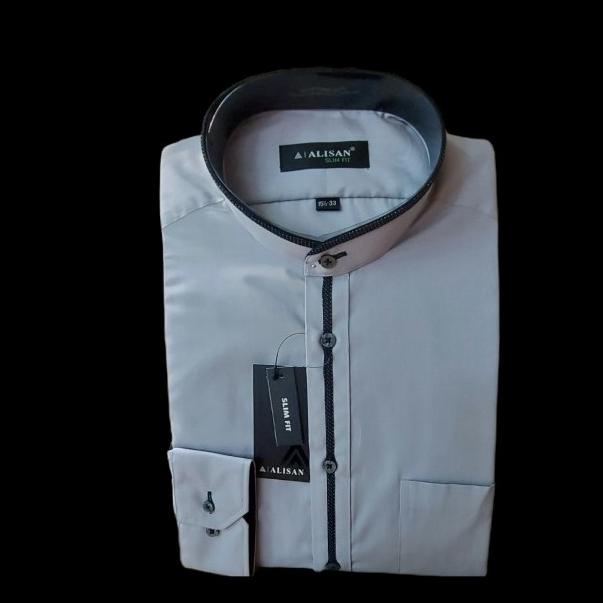 KEMEJA ALISAN ABU MUDA KERAH KOKO LIST TENGAH PANJANG SLIMFIT TERMURAH