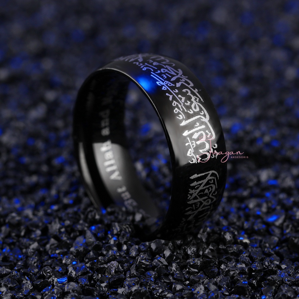 Cincin Titanium Islami Syahadat Warna Hitam Pria BONUS Gelang