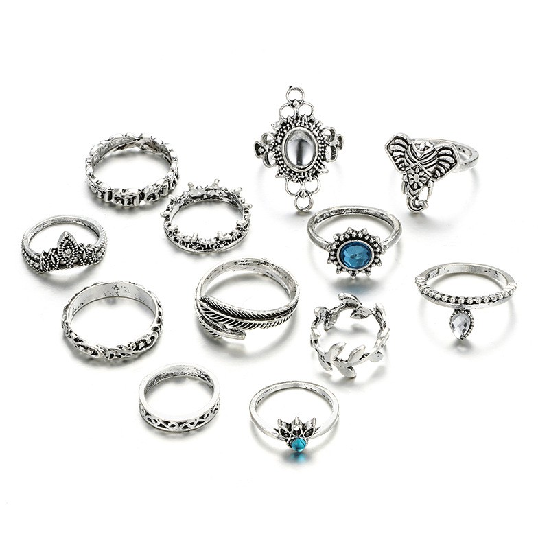 12 Pcs / Set Berongga Cincin Jari Set Gajah Water Drop Vintage Punk Boho Knuckle Rings Jewelry