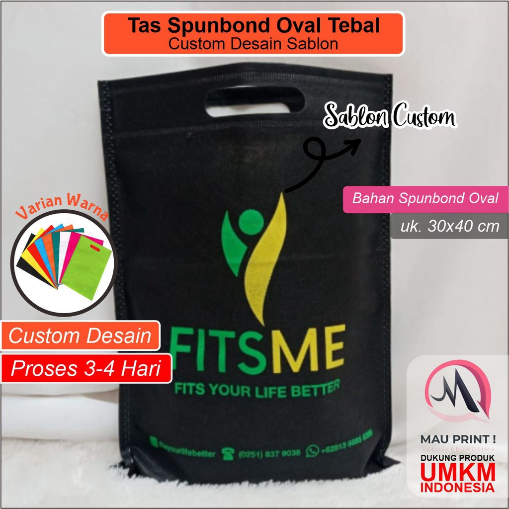 Godie bag tas kain spunbond custom desain sablon model oval uk. 30x40 cm kantong souvenir belanja bi
