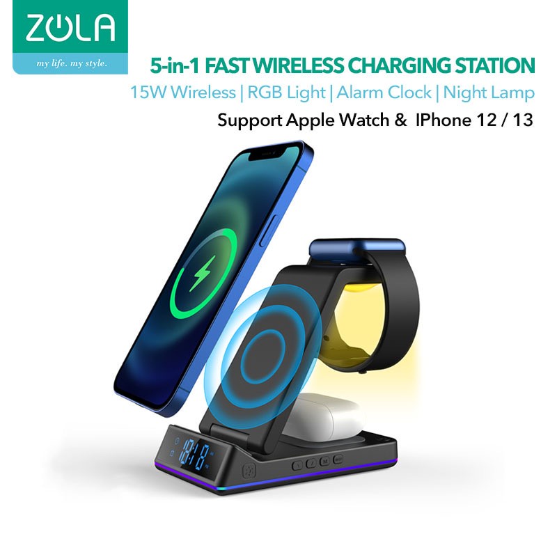 Zola 5 IN 1 Wireless Fast Charger 15W Pad Dock For Airpods &amp; Iwatch - 5in1 For Iphone
