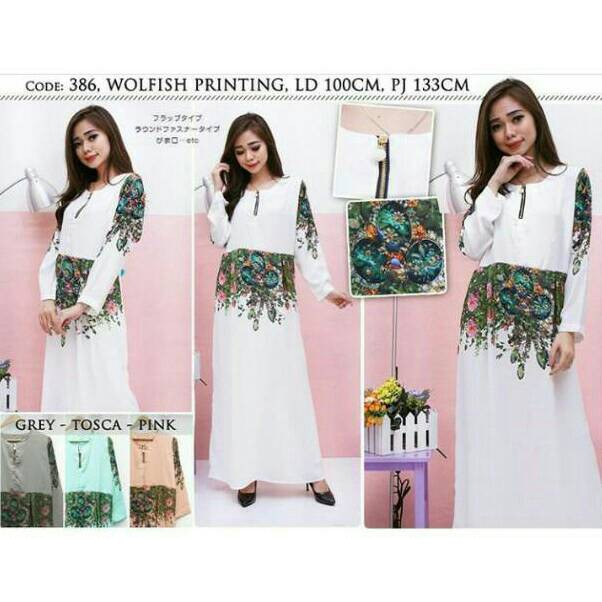 long dress/ maxi dress muslim/ gamis wolfis printing bunga fashion - Putih, Fit to XL