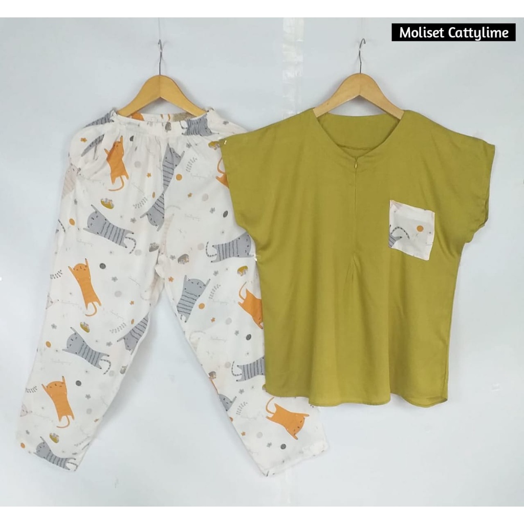 Setelan Piyama Babydoll Lengan Pendek Kekinian Baju Tidur One Set Rayon Premium Wanita Dewasa Busui-CattyLime