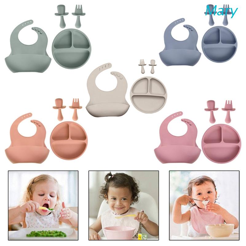 Mary 4pcs / Set Piring + Sendok + Garpu + Alas Makan Bayi Anti Slip Bahan Silikon