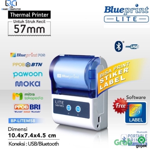 LITE58 Printer Thermal Bluetooth Mini Struk Nota Kasir Barcode PPOB Portable BLUEPRINT Print Label