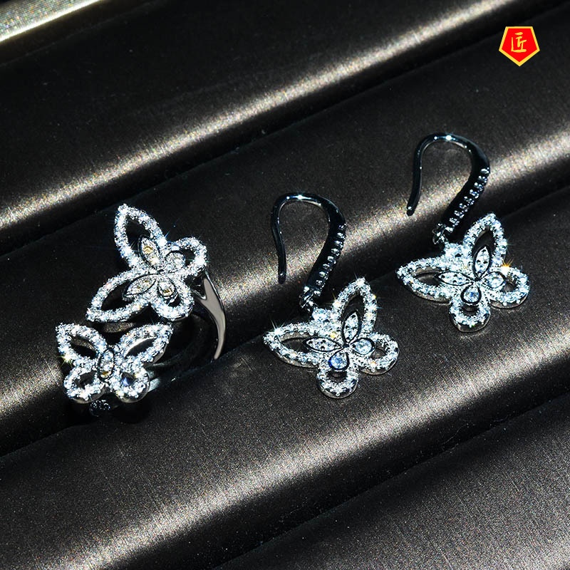 [Ready Stock]Fairy Luxury Suit Full Diamond Butterfly Earring Ring