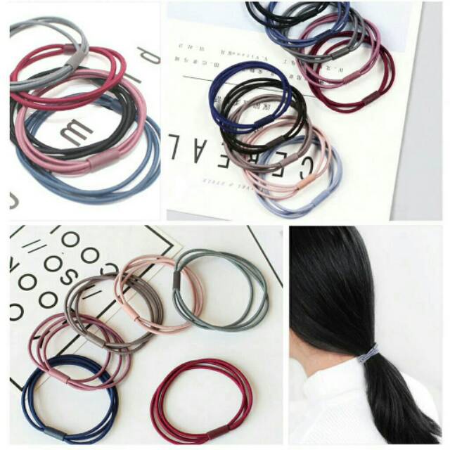 [KC3] Ikat Rambut Ponytail Korea 2 Lapis / Karet Cacing Polos / Kuncir Rambut Warna Warni