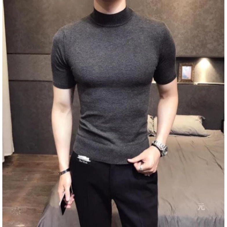 Eksklusif Baju Kaos Turtle Neck Abu Tua Lengan Pendek Turtleneck Pria Wanita Polos Tebal