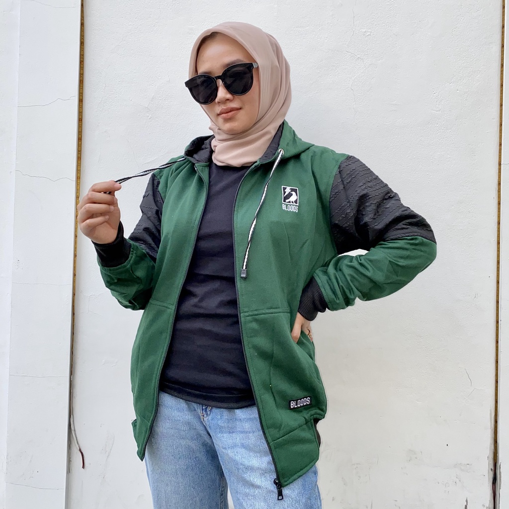 Jaket Sweater Zipper Bordir Kombinasi Qwilting EMERALD BLDS