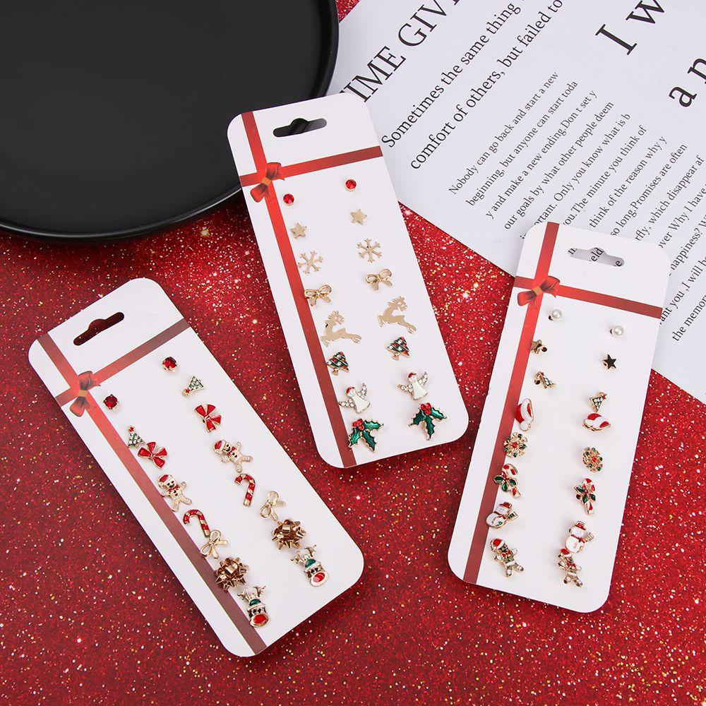 Nanas 8pasang Anting Natal Set Wanita Perhiasan Aksesoris Stocking Snowflakes Drop Menjuntai