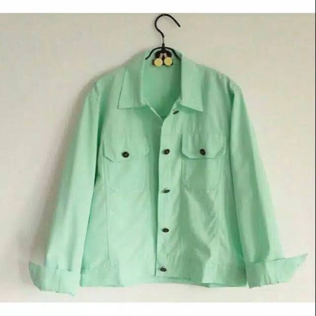 Jaket Wanita Crop Soft Jeans Import Warna Hijau Muda Kancing Bahan Softjeans Lembut Lentur Stretch