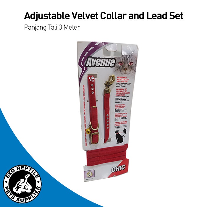 Adjustable Velvet Collar and Lead Set - Kalung dan Tali Untuk Kucing - Merah