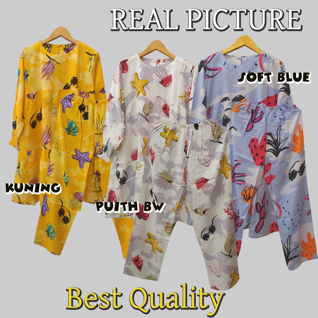 Viral Setelan Tunik Wanita + Celana Motif RAYON TERLARIS - Model Kerut dada  pinggang - Best Quality