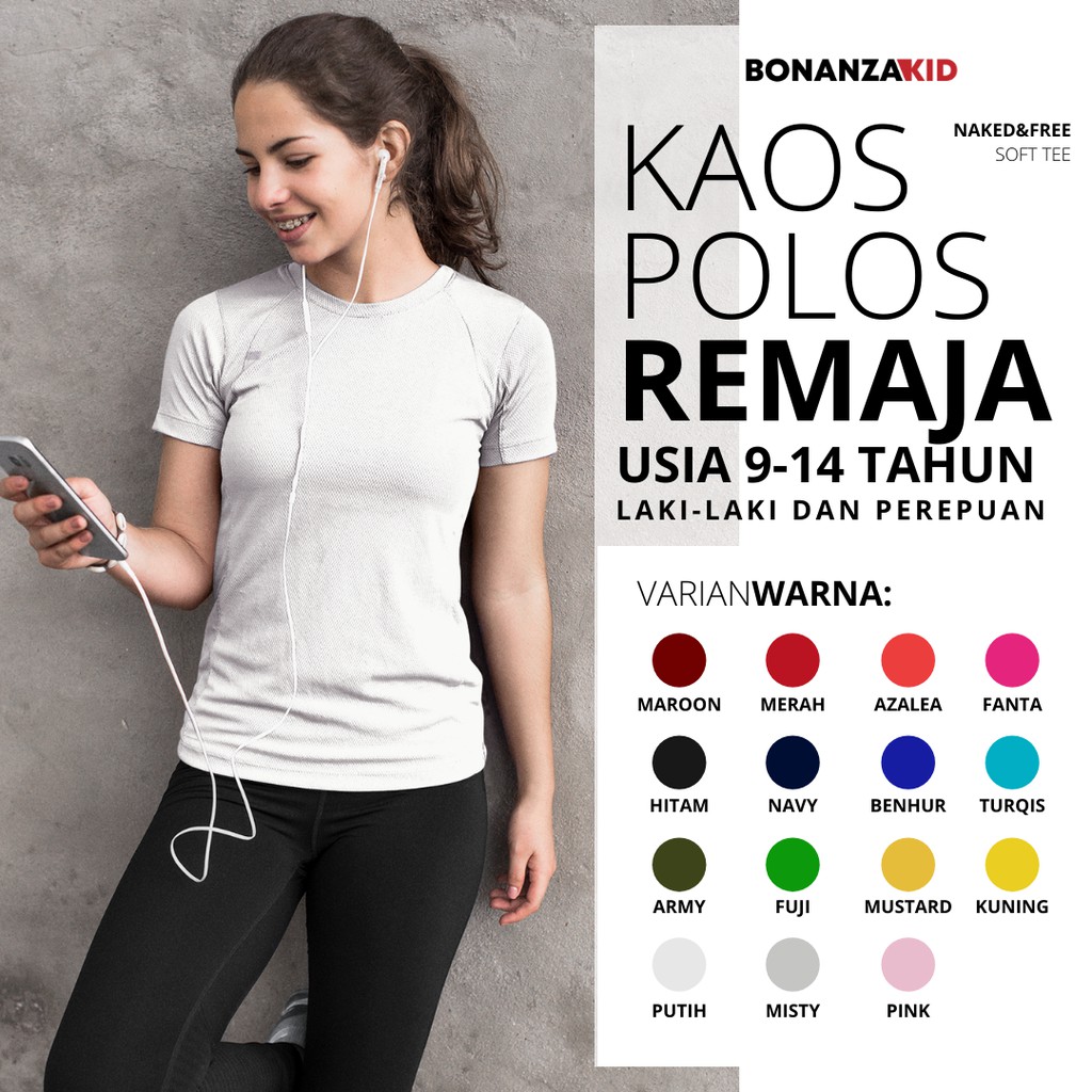 Kaos Polos Remaja BNZ Usia 9-14 Tahun Katun Combed 30s