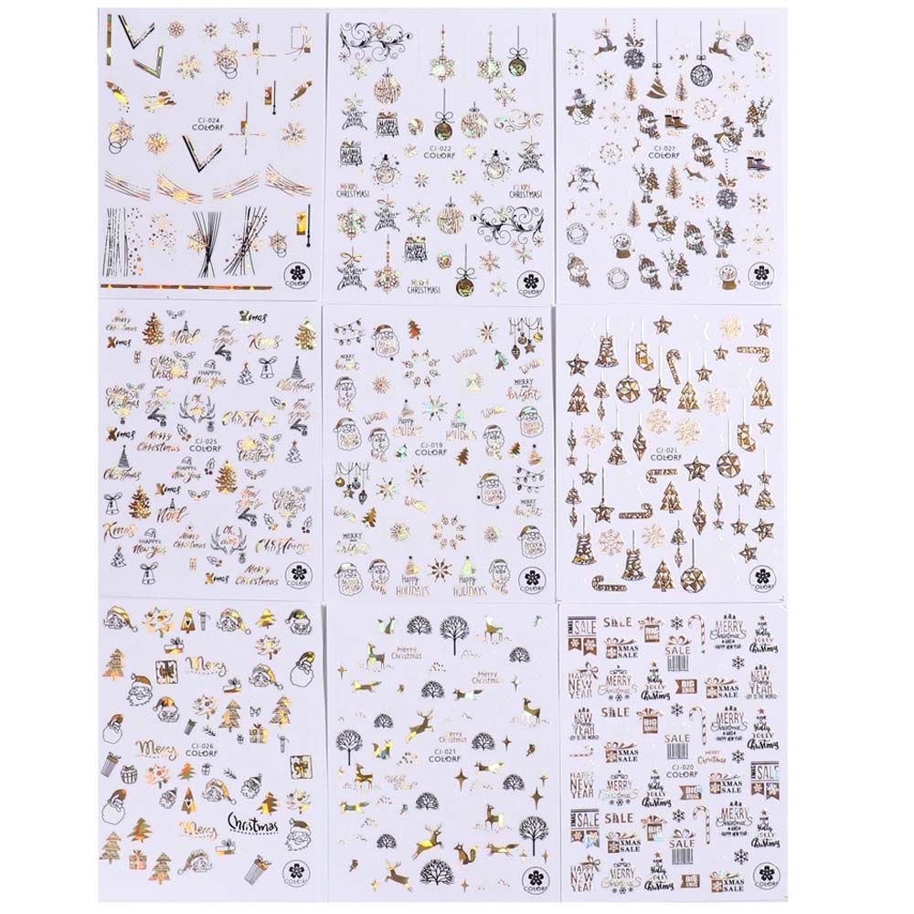 Mxbeauty Stiker Laser Holografik 3d Motif Kartun Santa Snowman Snowflake Rusa Natal Warna Emas Untuk Dekorasi Nail Art