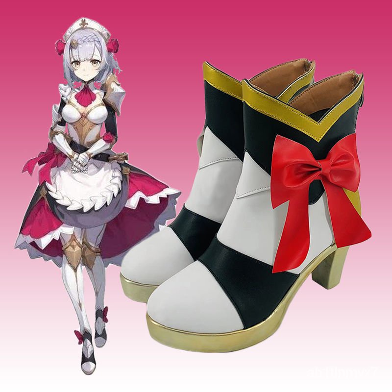 Genshin Impact Noelle Cosplay Shoes Knights Maid Costume High Boots Heels With Bow Halloween