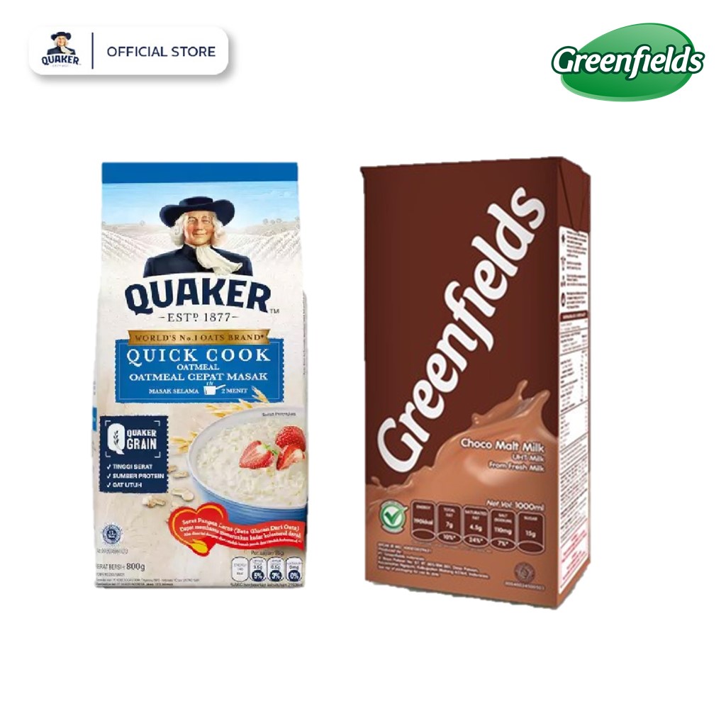 Greenfields Susu UHT Choco Malt 1000 ml+Quaker Quick Cooking Oatmeal 800 gr