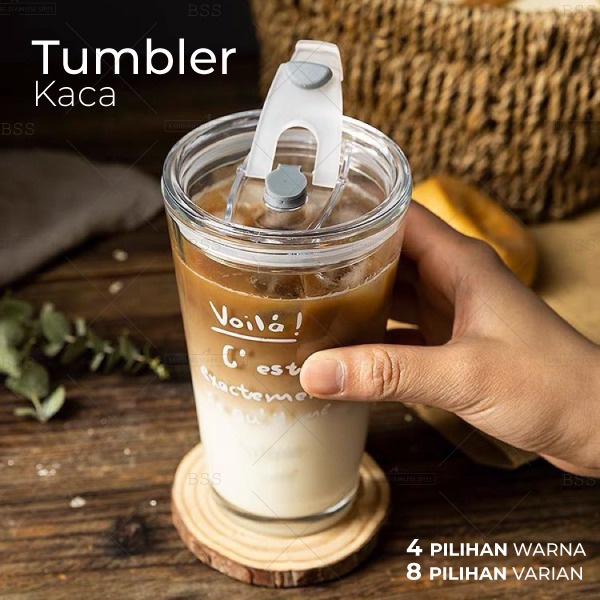 Tumbler Kaca Aesthetic 450ml Gelas Minum Kopi Anti Panas Dengan Sedotan Kaca Simple Elegan Glass Cup