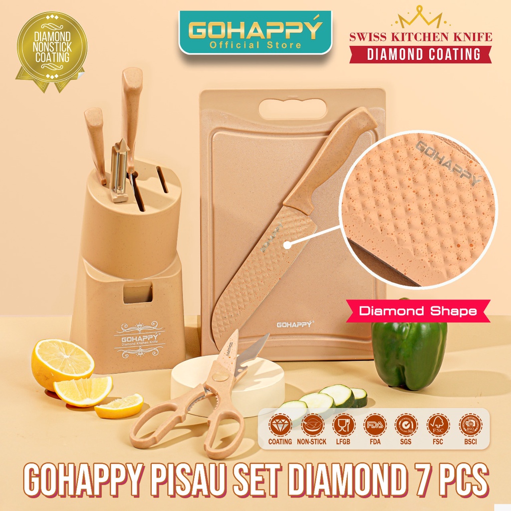 PISAU set DIAMOND 7PCS GOHAPPY | Knife GHX67 full with holder chopping board