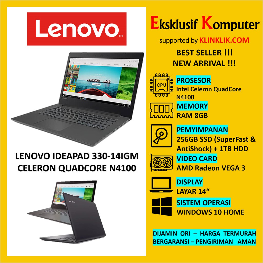 Laptop LENOVO IDEAPAD 330-14IGM N4100 RAM 4GB HDD 1TB DVD WIN10 BLACK