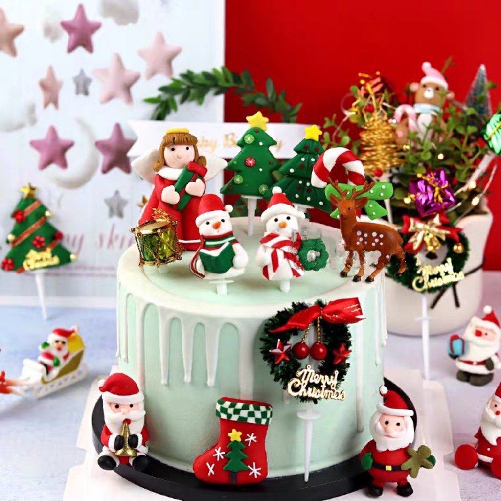 Christmas Cake Topper 6 pcs with Santa Snowman Gingerbread Man Star Tree Gift for Cakes Cupcakes Party Wedding Baby