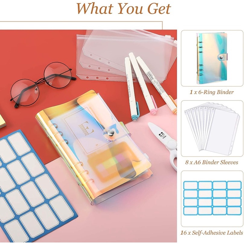 A6 Clear Soft PVC Notebook Binder Cover Planner 6-Ring Loose-Leaf Folder Cash Budget Envelope System with10 PCS Pockets