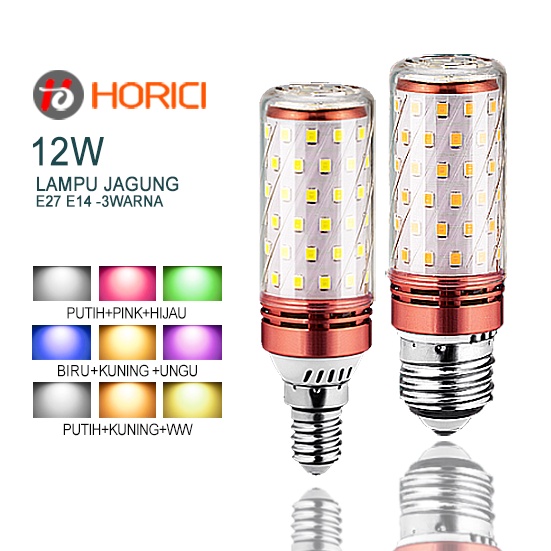 Horici Asli Full 12W E27 E14 3 Warna Lampu Bola Lampu Hias Led Bulb Putih Lampu Jagung  Biru Guning Pink