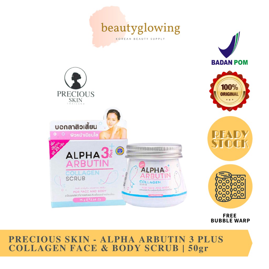 [BPOM] PRECIOUS SKIN - Alpha Arbutin 3 Plus Collagen Body &amp; Face Scrub/Lulur Pemutih/Lulur Wajah 75g