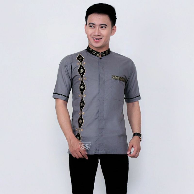 Baju Koko Batik Pria Dewasa Lengan Pendek Kombinasi Bordir Fashion Muslim Lebaran Terbaru