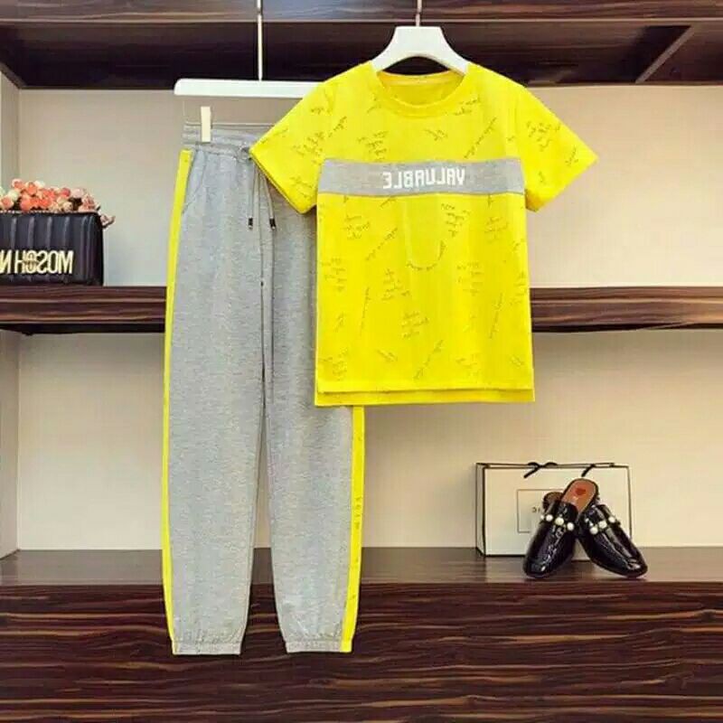 READY one set sporty top + jogger pants stelan atasan kaos + celana panjang wanita korea impor murah