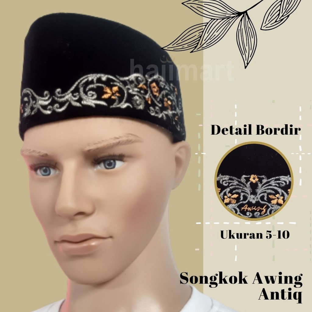 SONGKOK AWING ANTIQUE/ SONGKOK MOTIF BORDIR HITAM/ SONGKOK TAHAN KUSUT