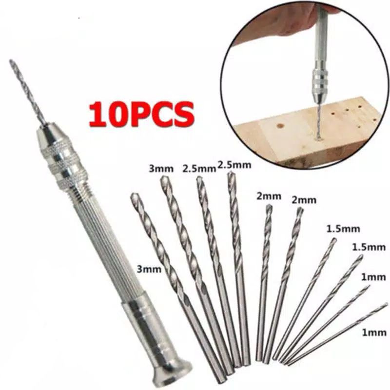 Portabel Bor Tangan Manual Mini Hand Drill + 10pcs Mata