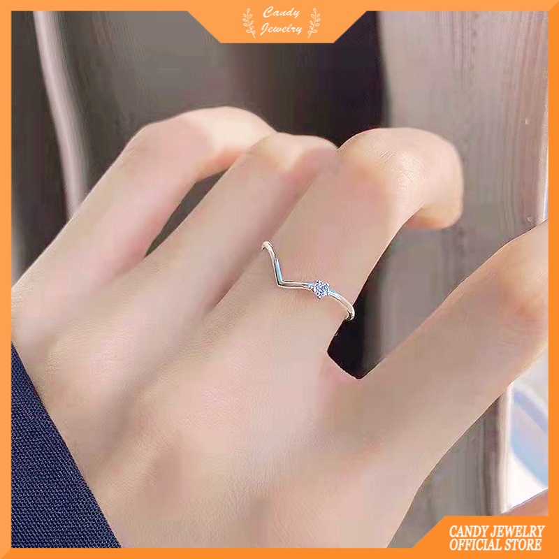 Cincin Bentuk V Hias Berlian Warna Permen Gaya Korea Untuk Wanita