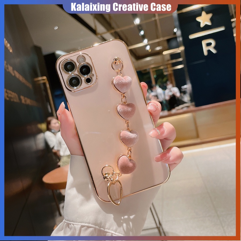 Soft Case Bahan Suede Dengan Gelang Rantai Hati Untuk iPhone 13 Pro Max 12 mini 11 XR XS X 7 8 Plus SE 14 Pro Max