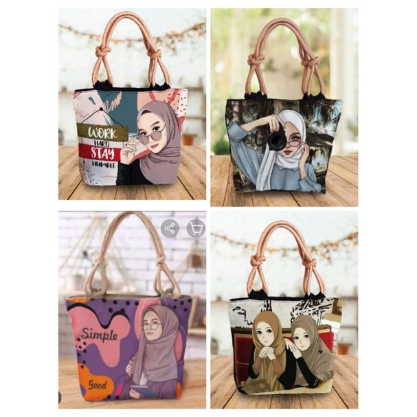 tas tote bag tali sumbu kanvas/tote karakter hijaber