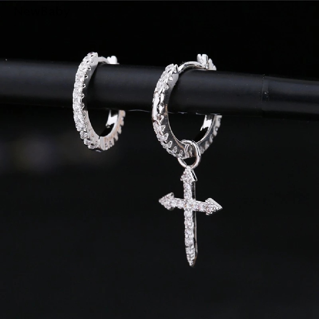 Anting Bulat Sterling Silver Desain Salib Asimetris Hias Cubic Zircon Untuk Wanita