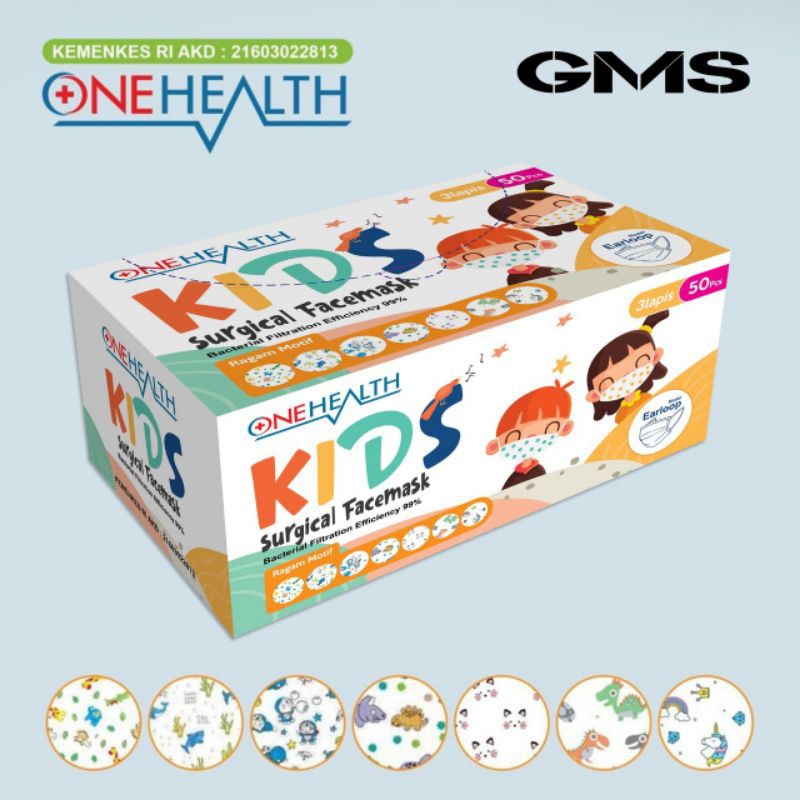 Masker Medis Anak 3 ply Onehealth Per Box isi 50 Pcs / Surgical face Mask Kids